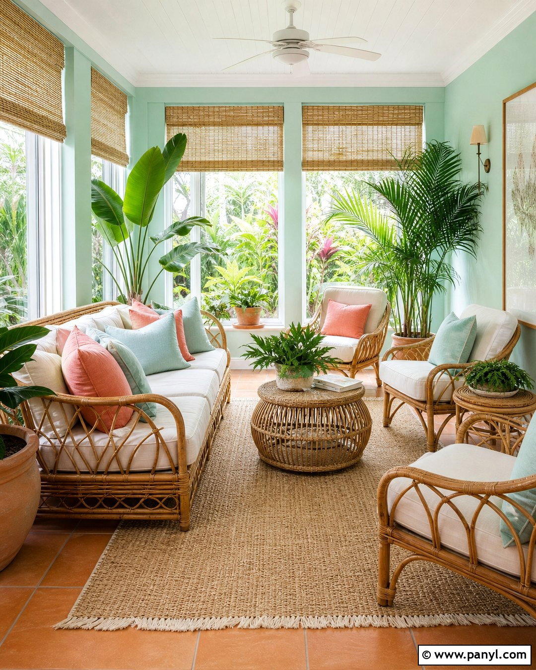 Mint Green Walls Sunroom With Rattan Furniture - 20 Mint Green Walls Interior Ideas