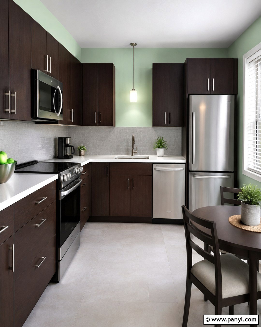 Mint Green Walls With Espresso Cabinets - 20 Green Wall Brown Cabinet Kitchen Ideas