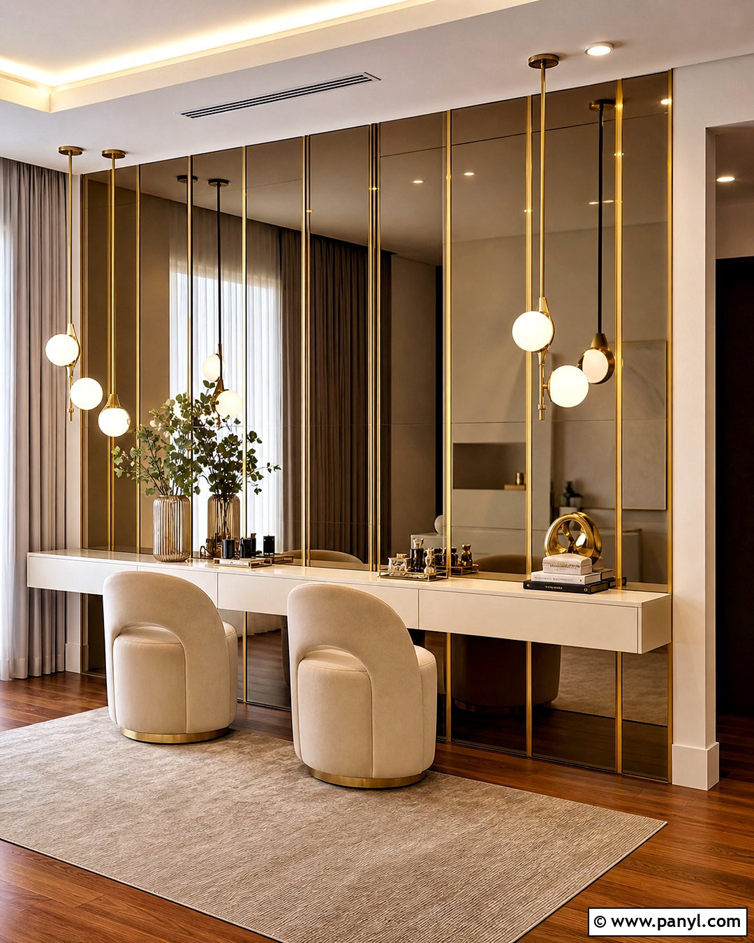 Mirror Panel Wall With Golden Strips - 20 golden strip wall design ideas