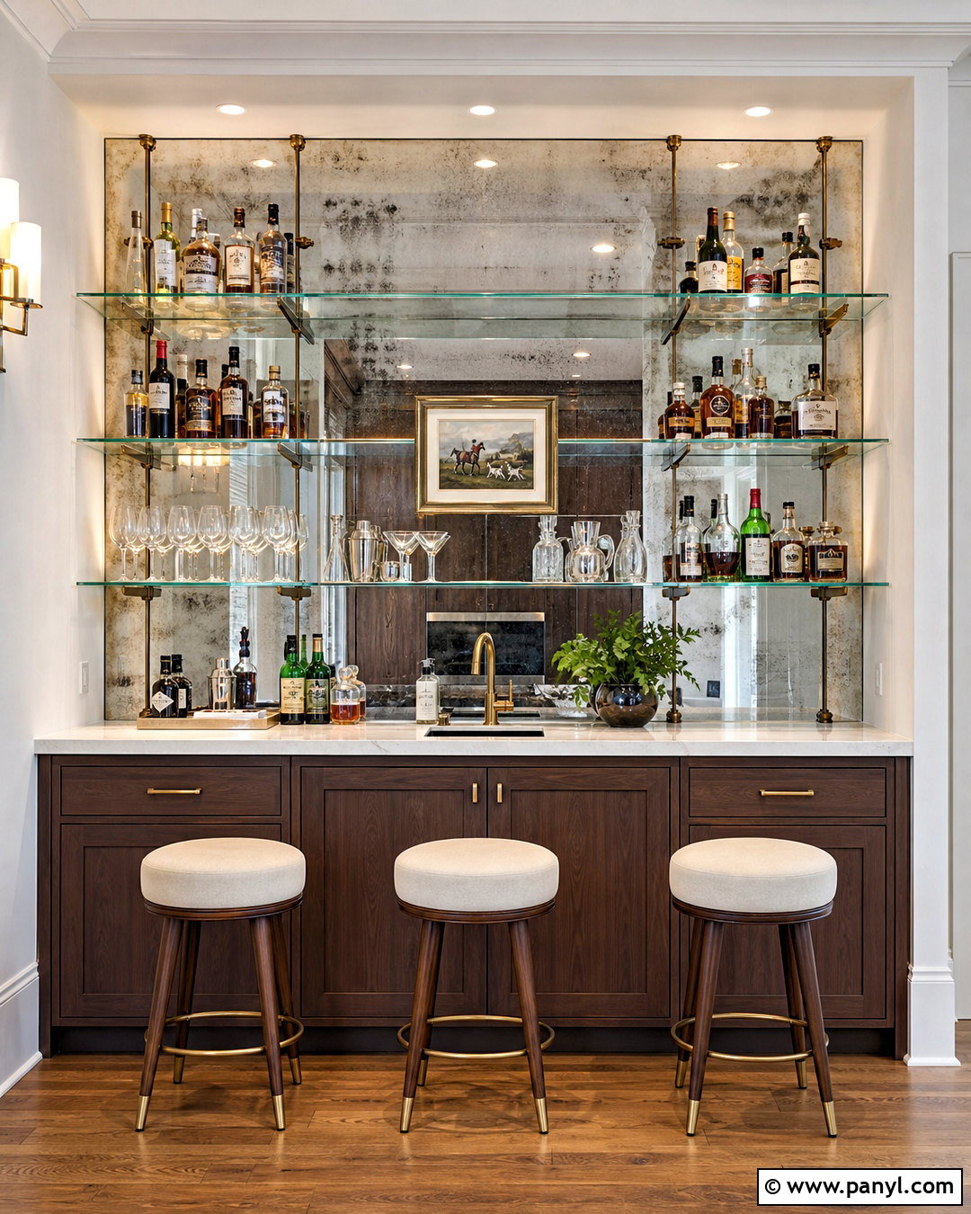 Mirrored Bar Wall With Glass Shelves - 20 behind bar wall ideas