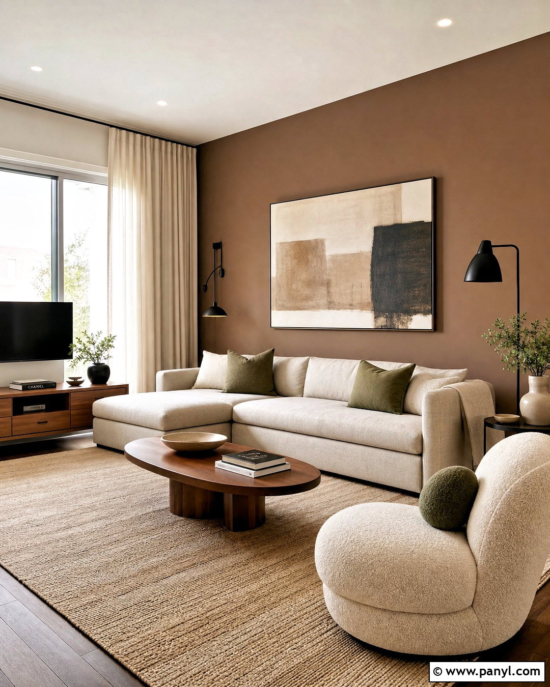 Mocha Brown Accent Wall With Beige Furniture - 20 brown accent wall living room ideas