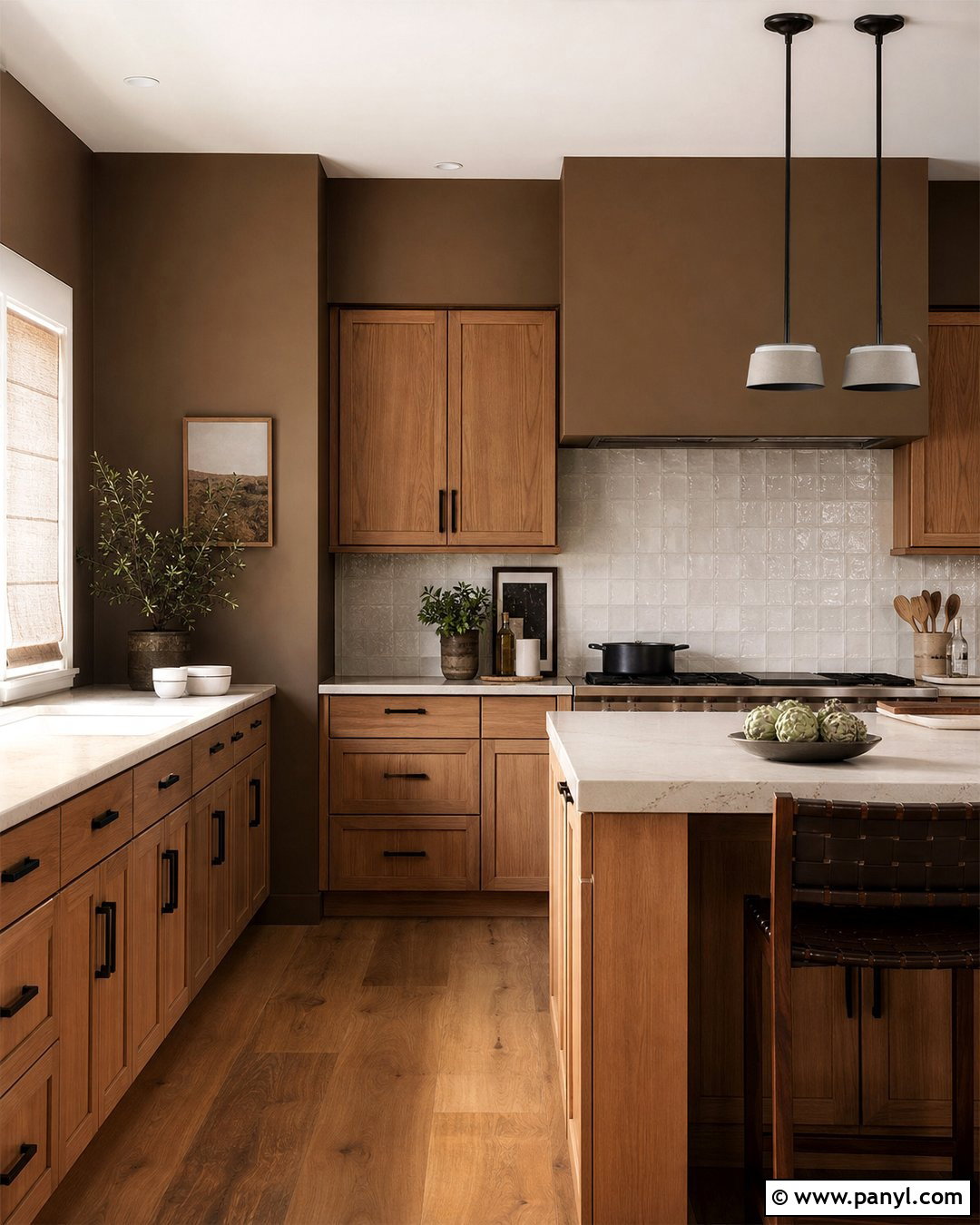 Mocha Brown Kitchen Walls With Oak Cabinets - 35 Brown Kitchen Walls