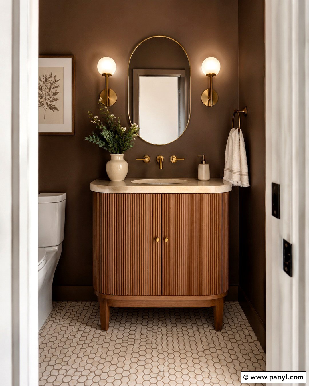 Mocha Brown Powder Room With Brass Fixtures - 20 Mocha Brown Walls