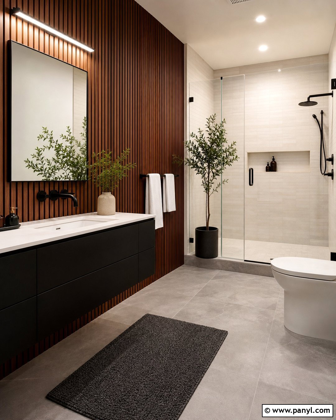 Modern Bathroom With Wood Slat Brown Walls - 20 Modern Bathroom With Brown Walls