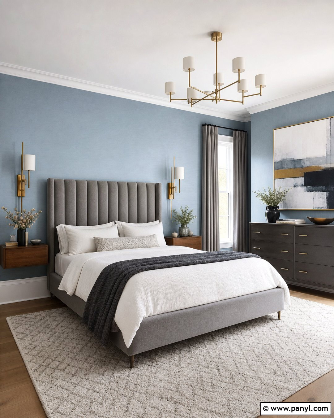 Modern Bedroom With Light Blue Walls And Grey Upholstered Bed - 20 Light Blue Walls With Grey Furniture Ideas