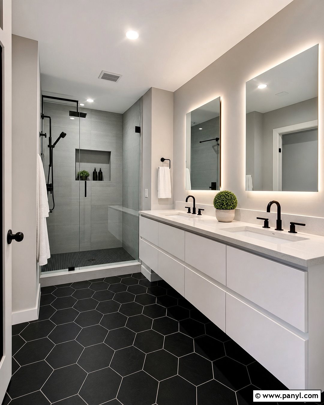 Modern Black Hex Tile Floor With Gray Walls - 20 Bathroom Black Floor Grey Walls