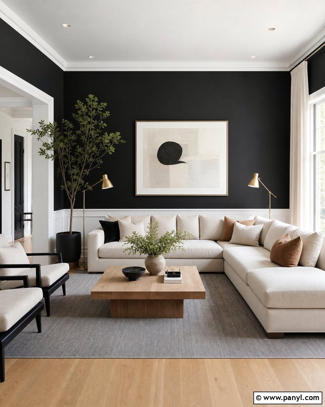Modern Black Living Room With White Trim - 30 Black Walls White Trim Ideas