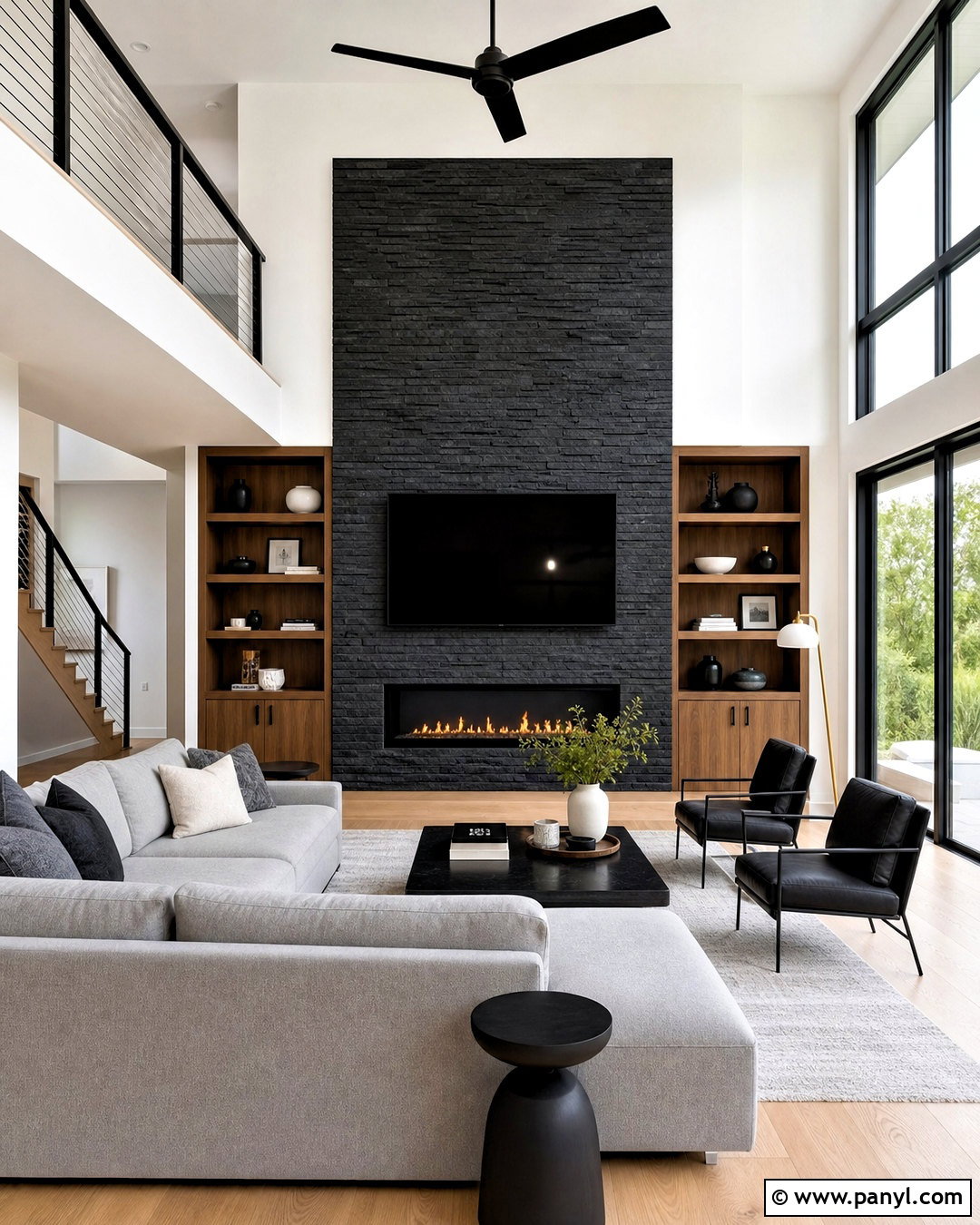 Modern Black Stacked Stone Fireplace - 20 black stone fireplace ideas