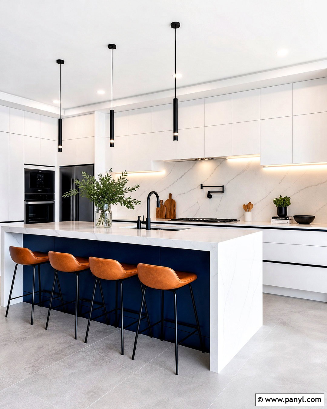 Modern Blue Kitchen Island With Waterfall Countertop - 20 white kitchen with blue island ideas