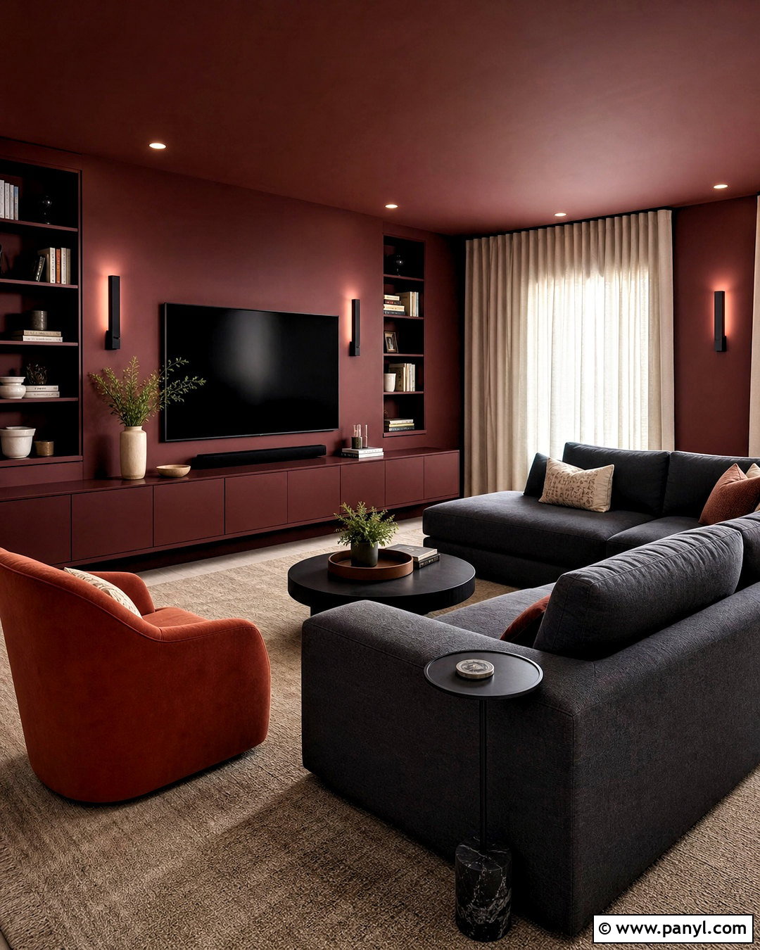 Modern Burgundy Media Room - 20 burgundy interior design ideas