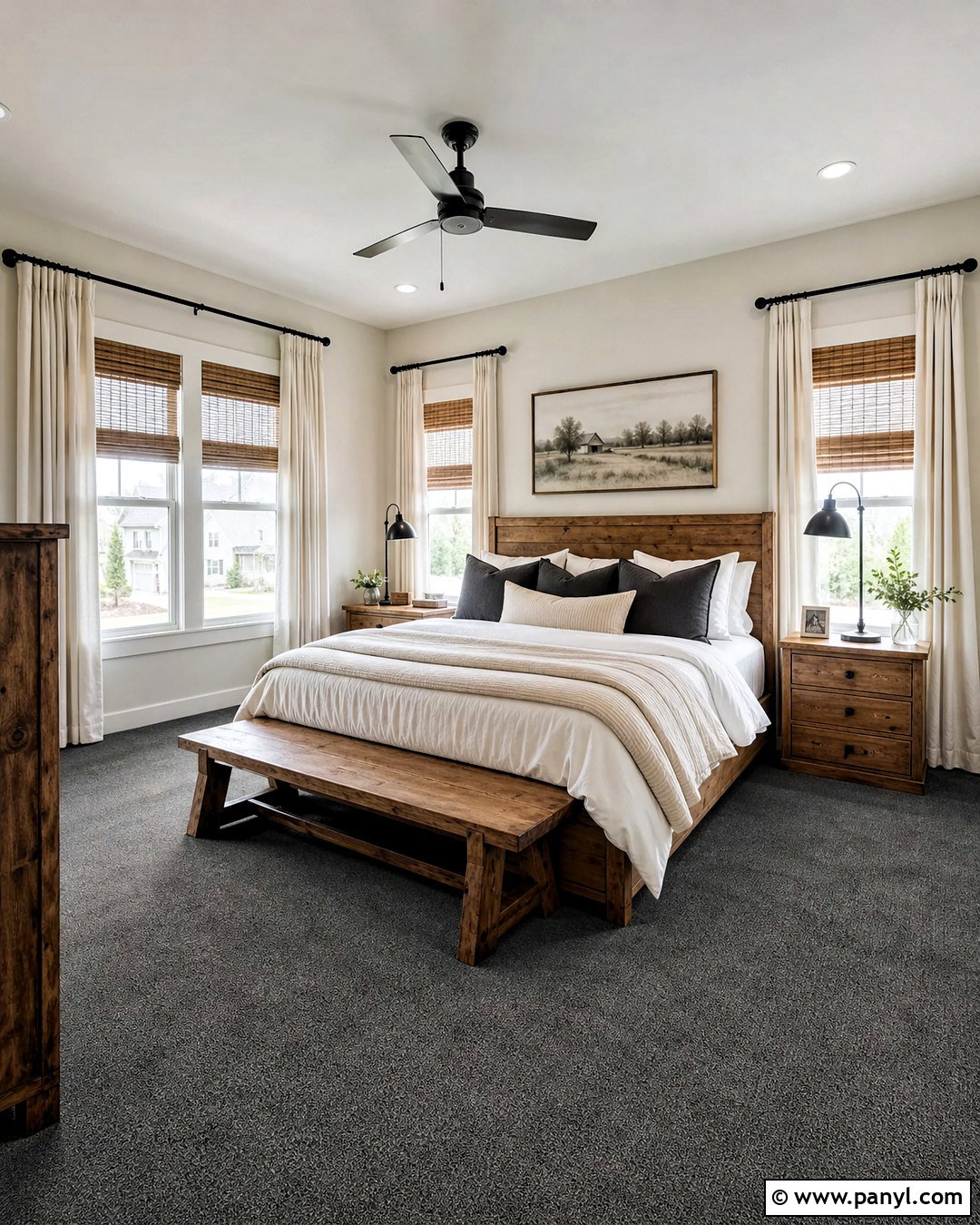 Modern Farmhouse Bedroom With Dark Gray Carpet - 20 dark gray carpet bedroom ideas