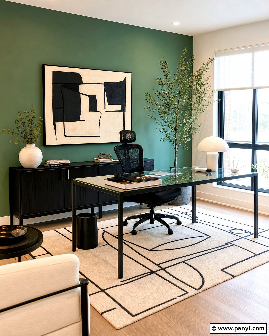 Modern Green Office With A Glass Desk - 20 green wall office ideas
