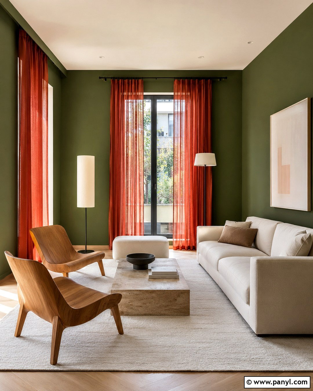 Modern Green Room With Red Sheer Curtains - 20 Green Walls Red Curtains