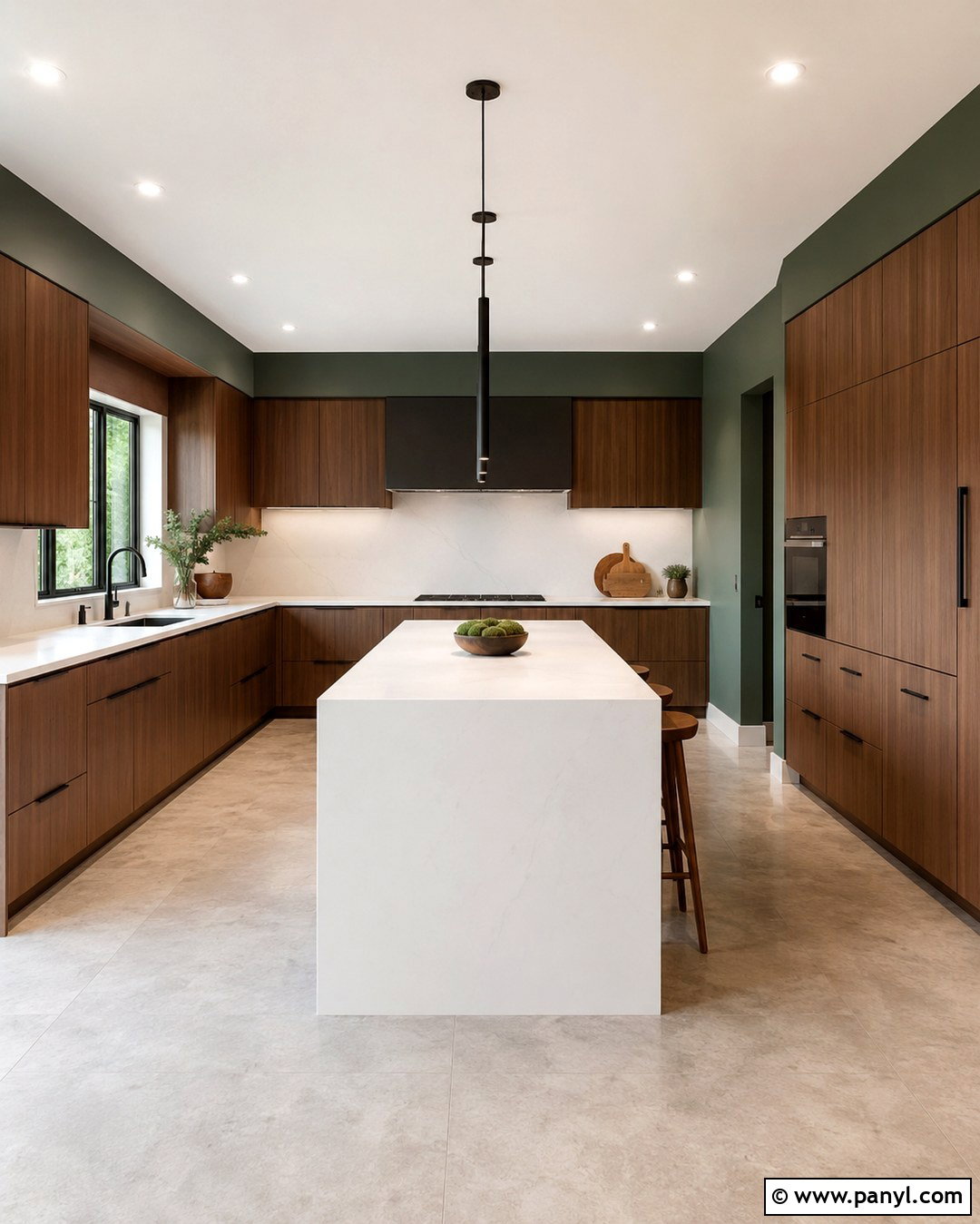 Modern Green Walls With Flat Panel Brown Cabinets - 20 Green Wall Brown Cabinet Kitchen Ideas