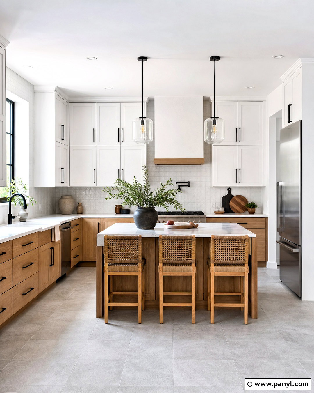 Modern Kitchen With Grey Tile Floors - 20 white walls grey floor ideas
