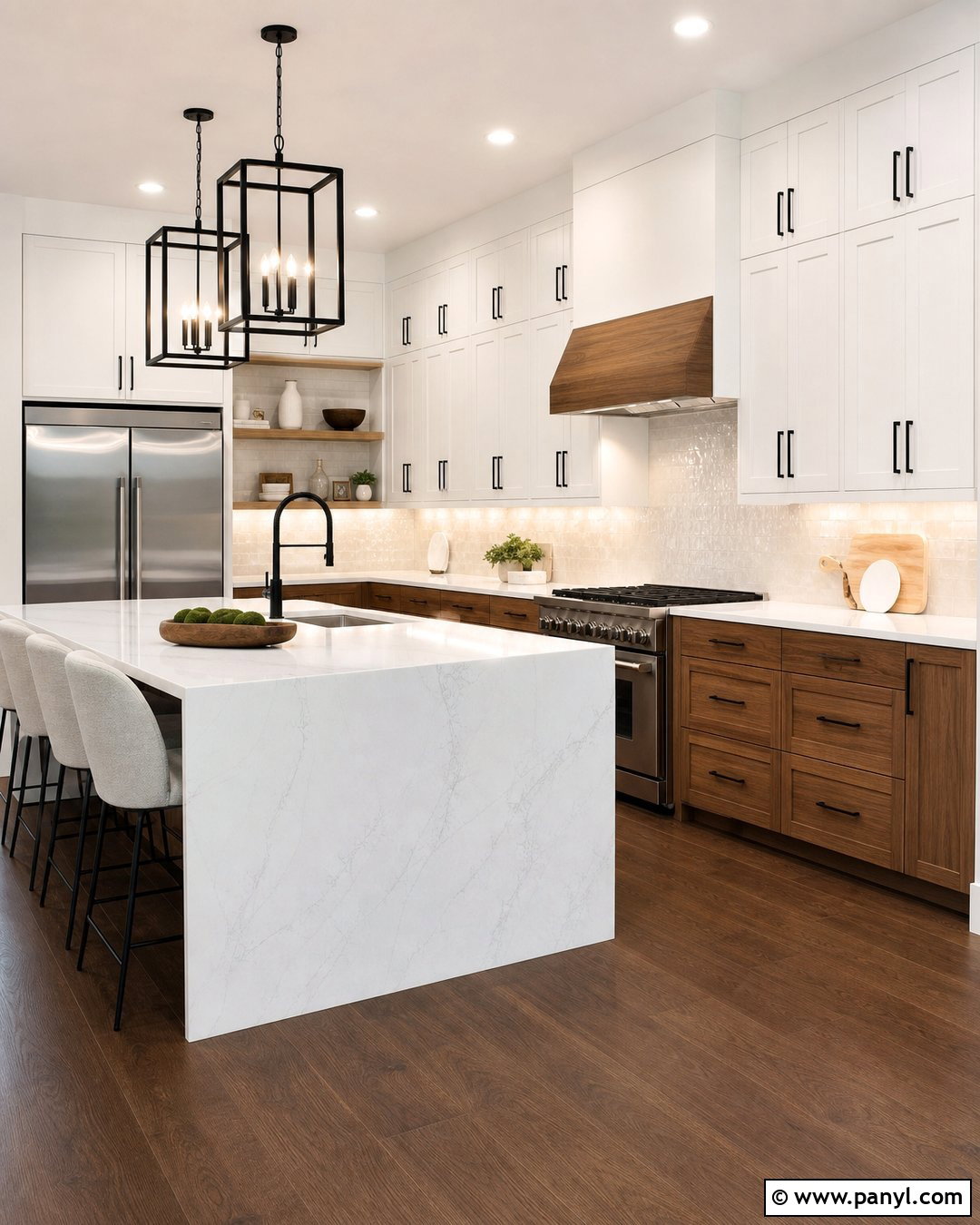 Modern Kitchen With White Walls And Dark Wood Floors - 20 White Walls Dark Wood Floors
