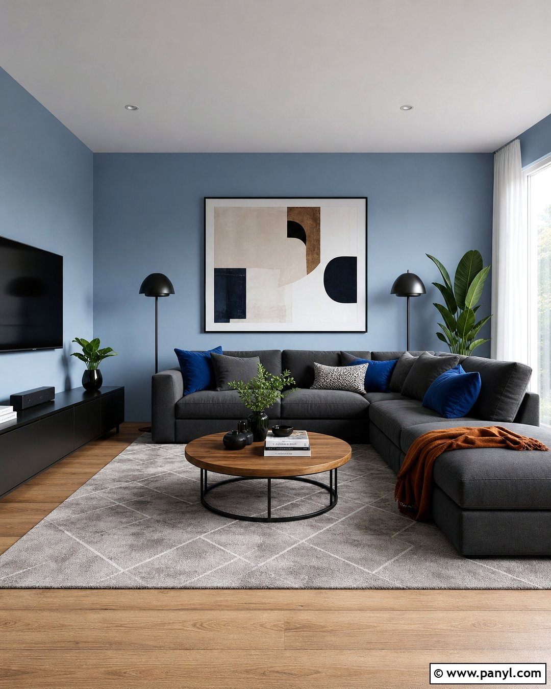 Modern Living Room With Light Blue Walls And Charcoal Furniture - 20 Light Blue Walls With Grey Furniture Ideas