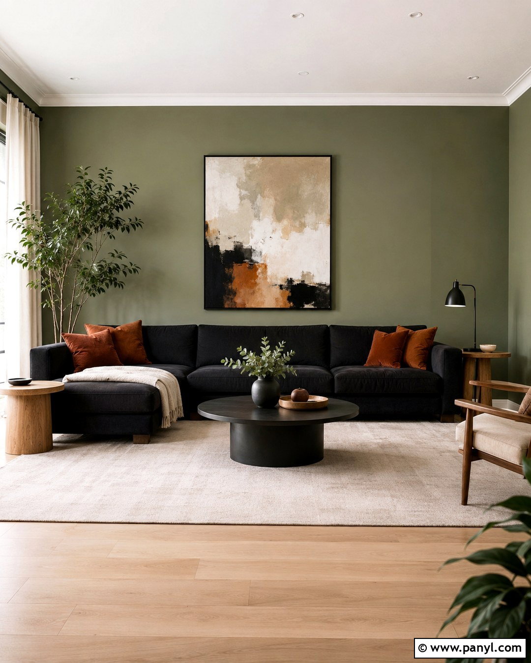 Modern Living Room With Sage Green Walls And Black Sofa - 20 Sage Green Walls With Black Furniture Ideas