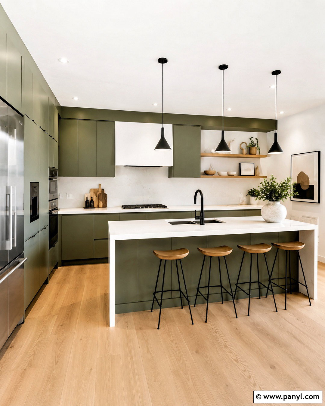 Modern Olive Green Flat-Panel Kitchen - 20 olive green and white kitchen ideas
