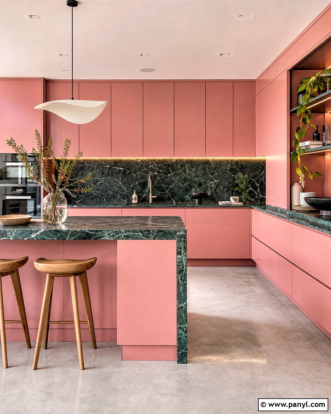 Modern Pink Kitchen With Green Marble - 20 pink and green kitchen ideas