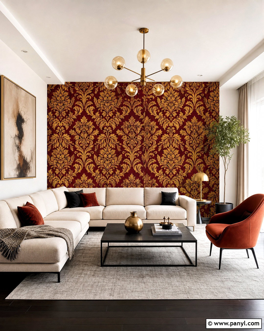 Modern Red And Gold Damask Print Living Room - 20 red and gold damask print ideas