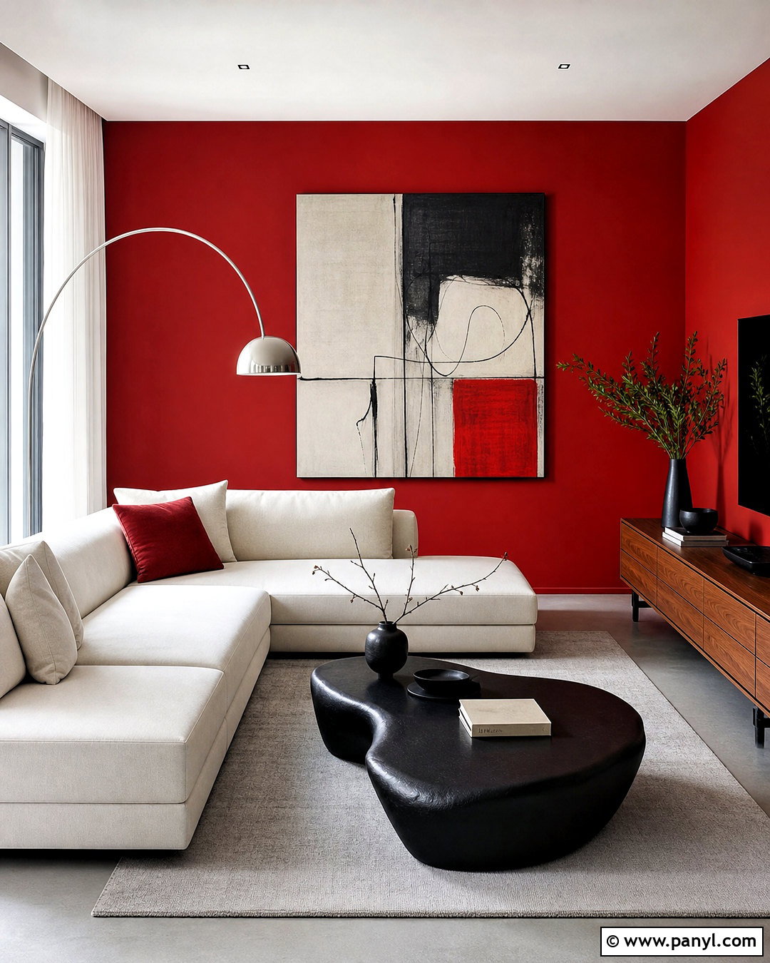 Modern Red Wall With Low Furniture - 20 red wall living room ideas