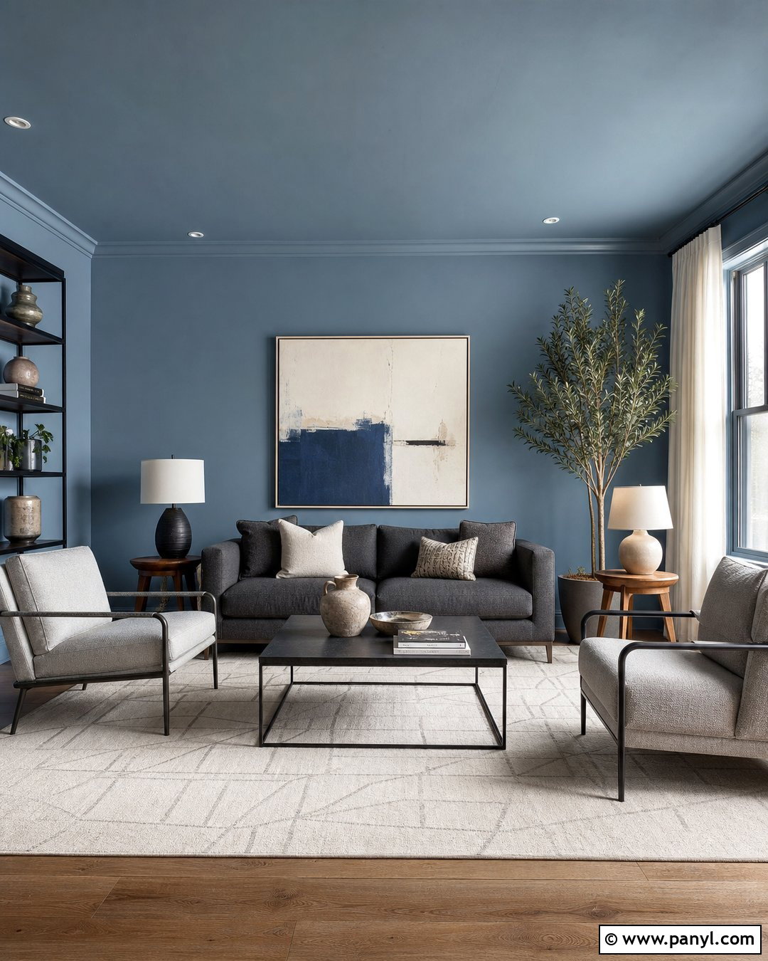 Modern Satin Blue Living Room With Gray Sofa - 20 Satin Blue Wall Paint Ideas