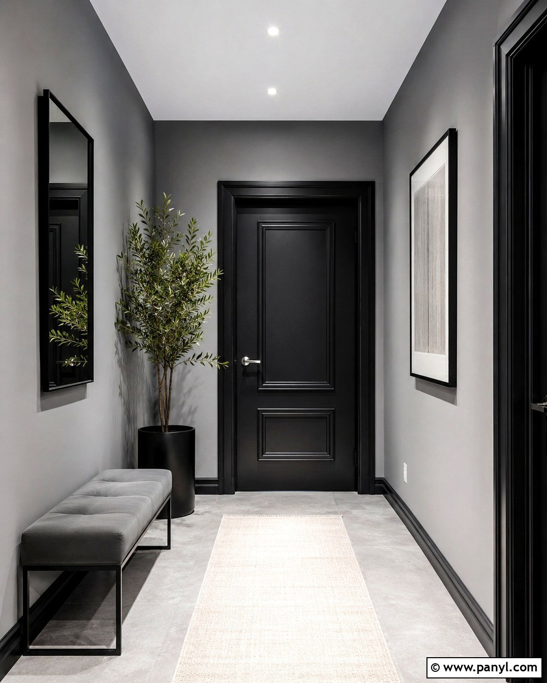 Monochrome Gray Hallway With Black Trim - 20 Black Door Grey Walls