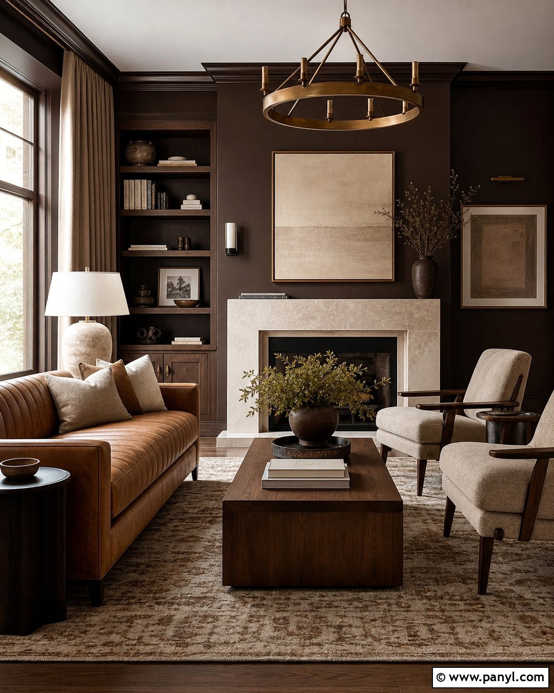 Monochrome Living Room With Dark Brown Walls - 35 Dark Brown Walls Living Room Ideas