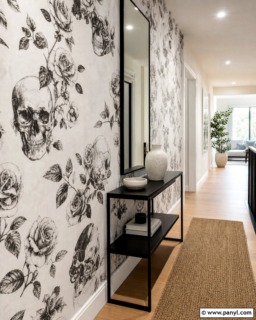 Monochrome Skull And Rose Wallpaper Hallway - 20 skull and rose pattern wallpaper ideas
