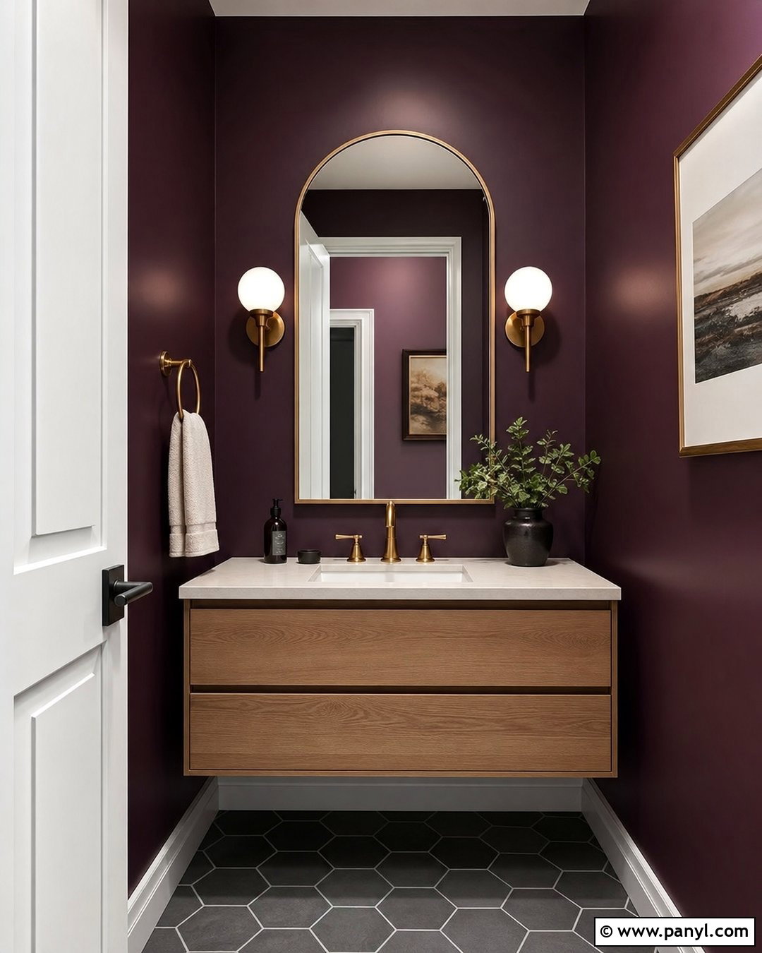 Moody Plum Satin Powder Room Walls - 30 satin paint on walls