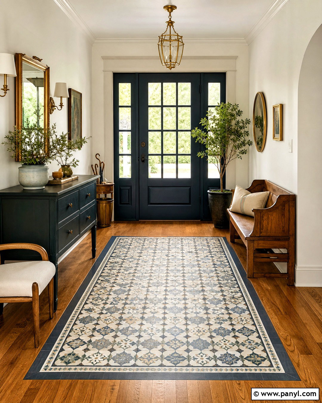 Mosaic Tile Rug And Hardwood Foyer - 20 tile and hardwood floor combination ideas