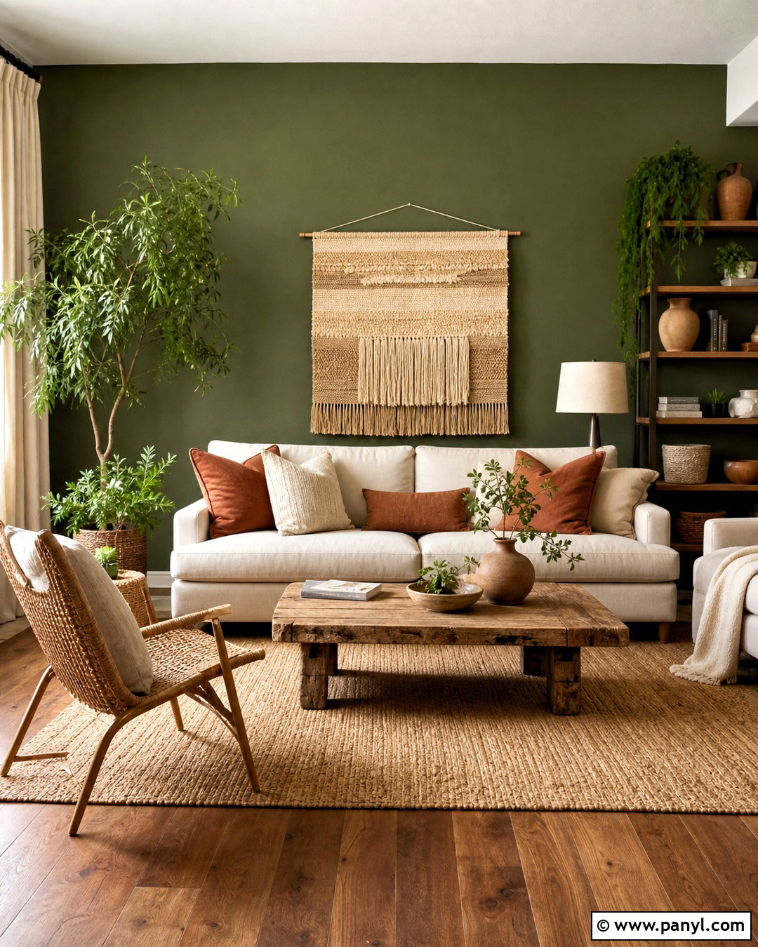 Moss Green Accent Wall With Natural Textures - 20 green accent wall living room ideas