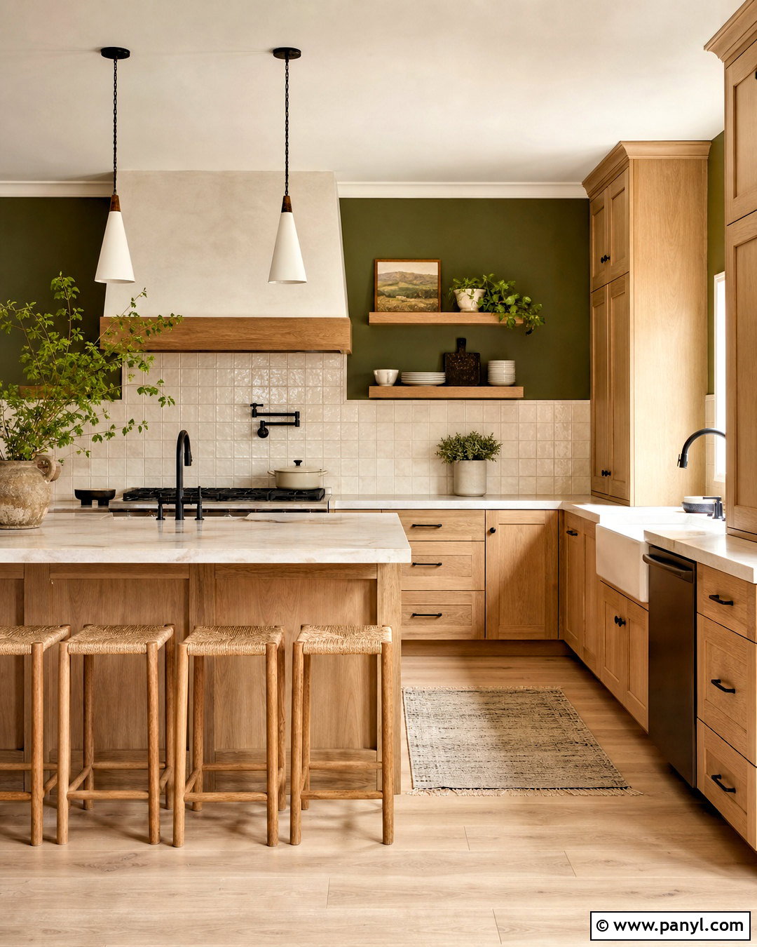 Moss Green Accent Wall With Natural Wood - 20 green accent wall kitchen ideas