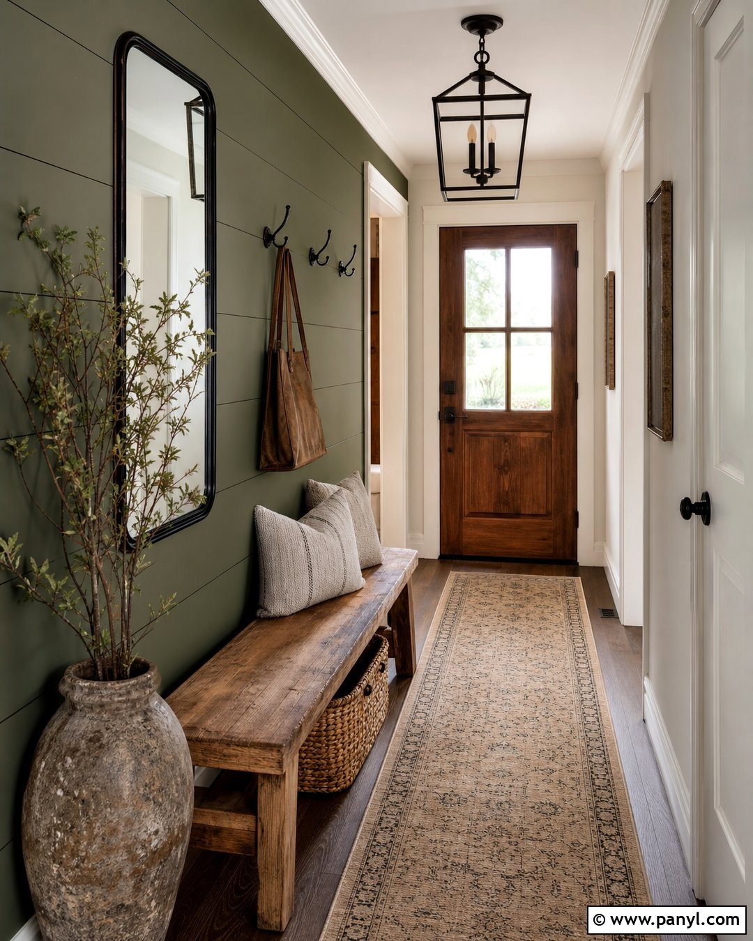 Moss Green Accent Wall With Rustic Wood - 20 Green Accent Wall Foyer Ideas
