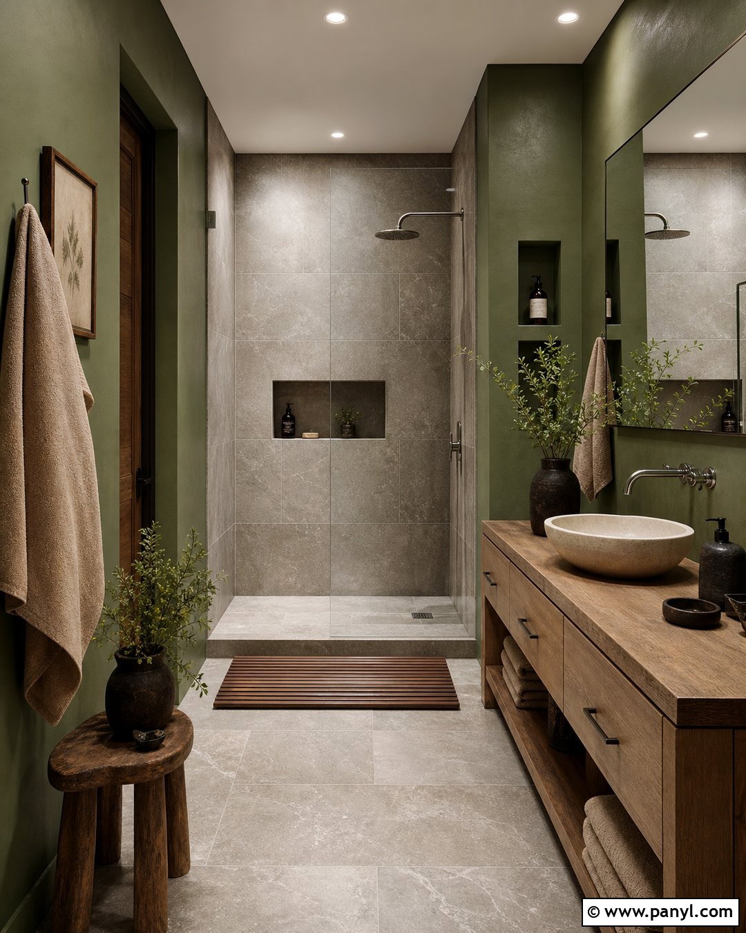 Moss Green Bathroom Walls With Natural Stone - 35 Bathroom Green Walls