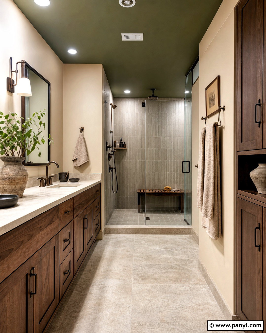 Moss Green Ceiling With Natural Wood - 20 green ceiling bathroom ideas