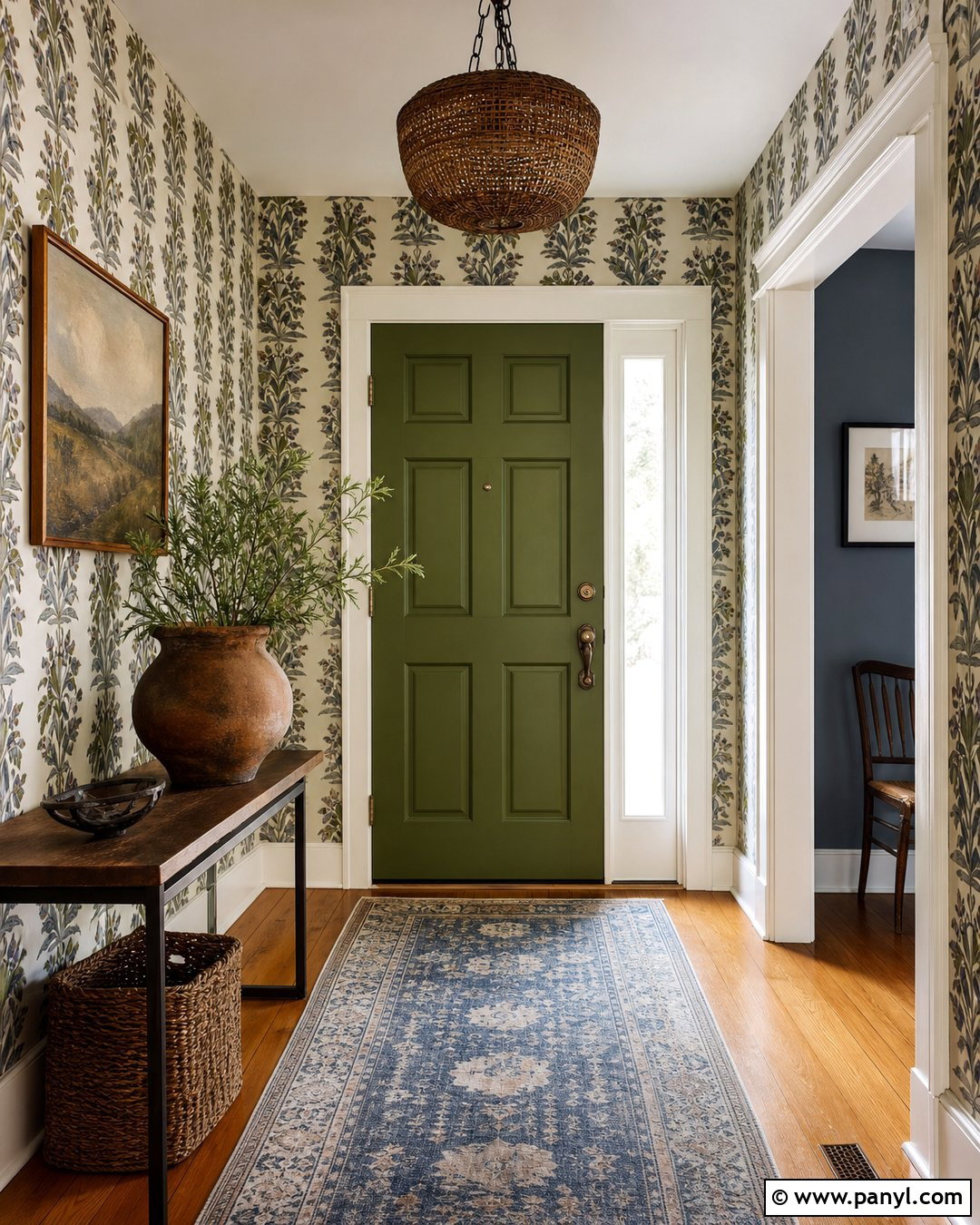 Moss Green Door With Block Print Wallpaper - 20 Green Door With Patterned Wall Ideas