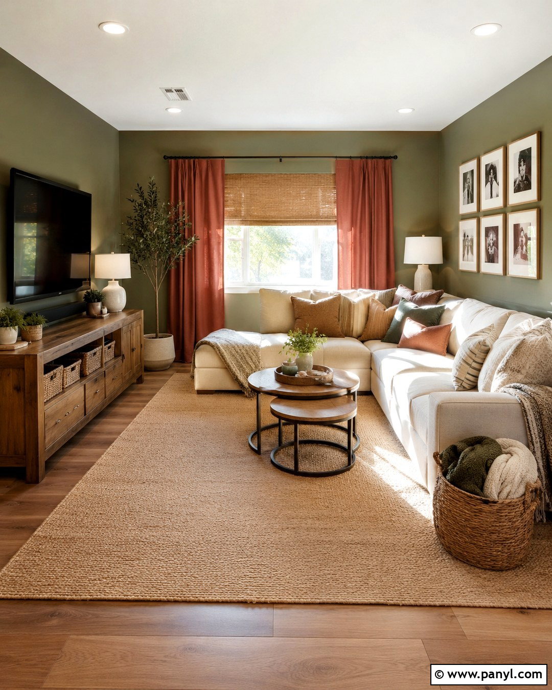 Moss Green Family Room With Terracotta Red Curtains - 20 Green Walls Red Curtains