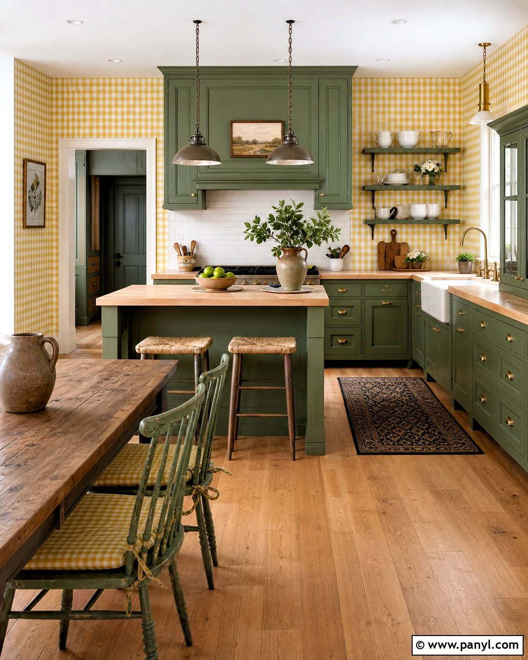 Moss Green Kitchen With Yellow Gingham Wallpaper - 20 green and yellow kitchen ideas