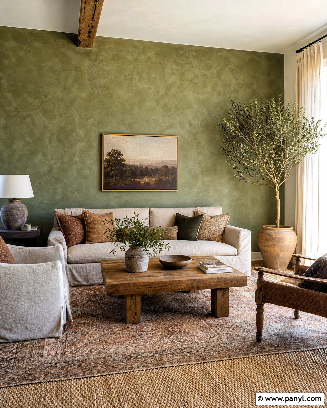 Moss Green Limewash Wall - 20 green feature wall living room ideas