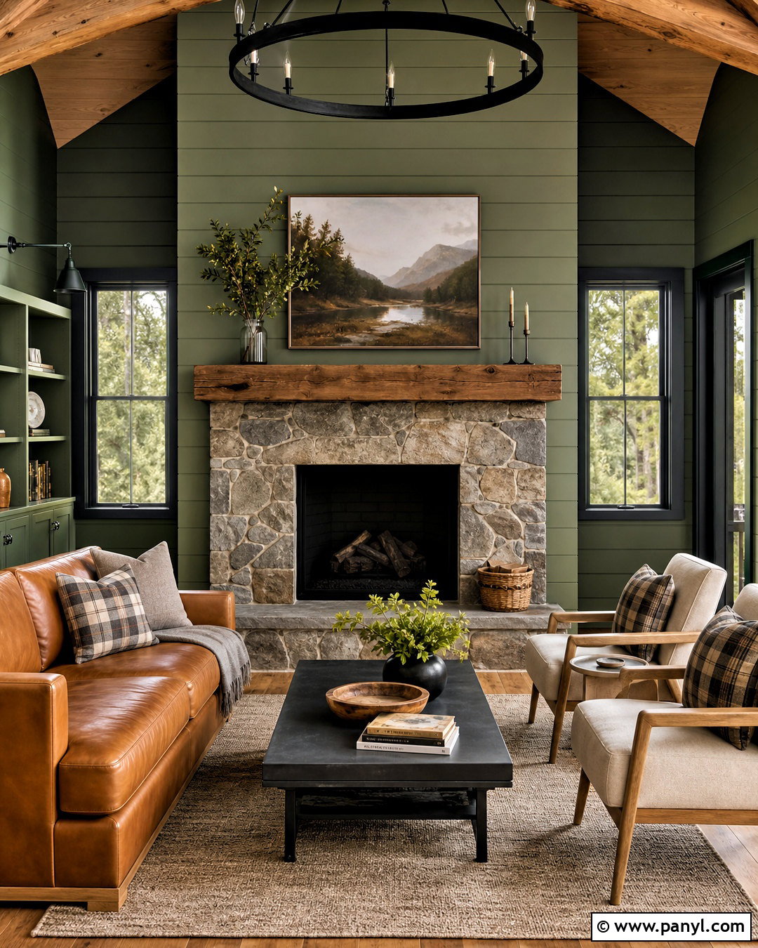 Moss Green Shiplap Cabin Fireplace - 20 green shiplap fireplace ideas
