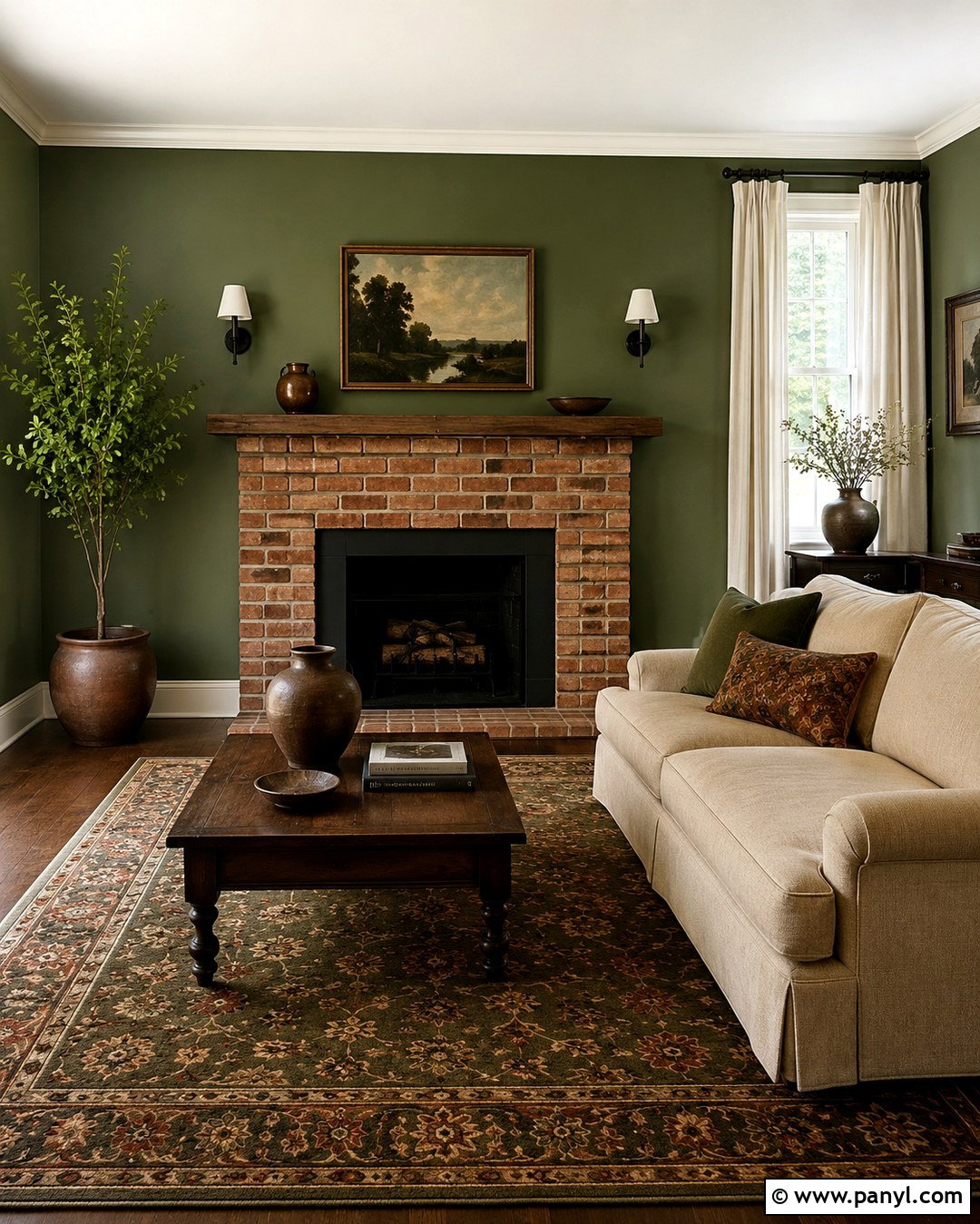Moss Green Wall With Red Brick Fireplace - 20 Green Wall Behind Fireplace Ideas