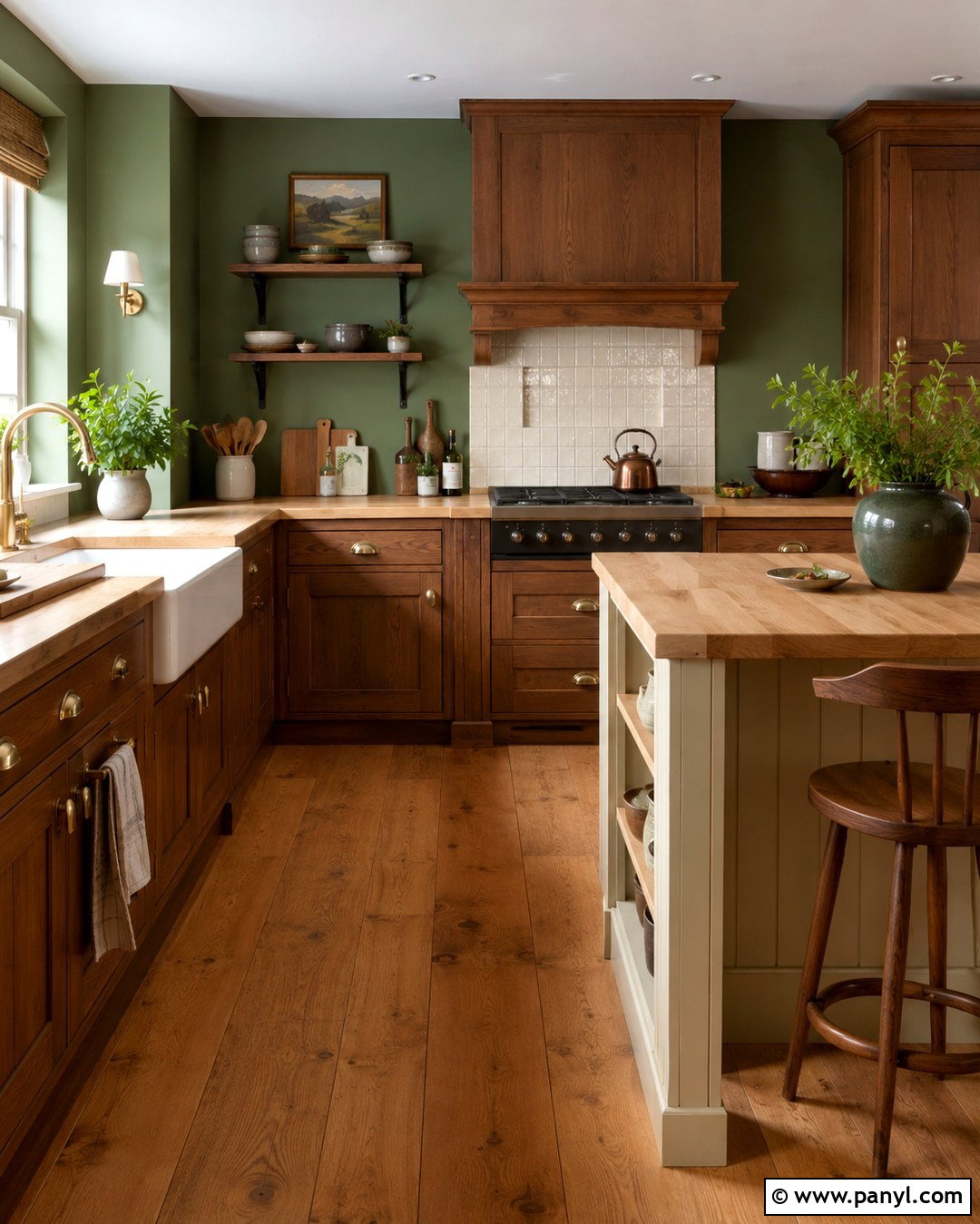Moss Green Walls With Shaker Brown Cabinets - 20 Green Wall Brown Cabinet Kitchen Ideas
