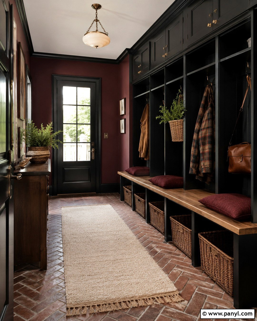 Mudroom With Burgundy Walls And Black Trim - 20 Burgundy Walls With Black Trim Ideas