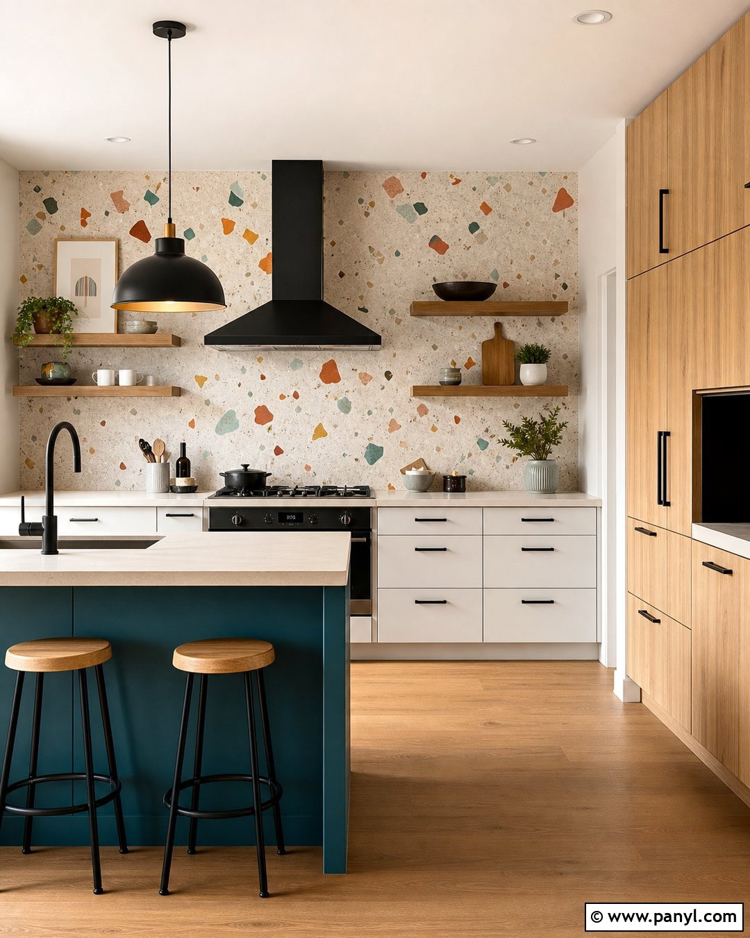 Multicolor Terrazzo Kitchen Accent Wall - 20 Modern Kitchen With Colorful Accent Wall Ideas
