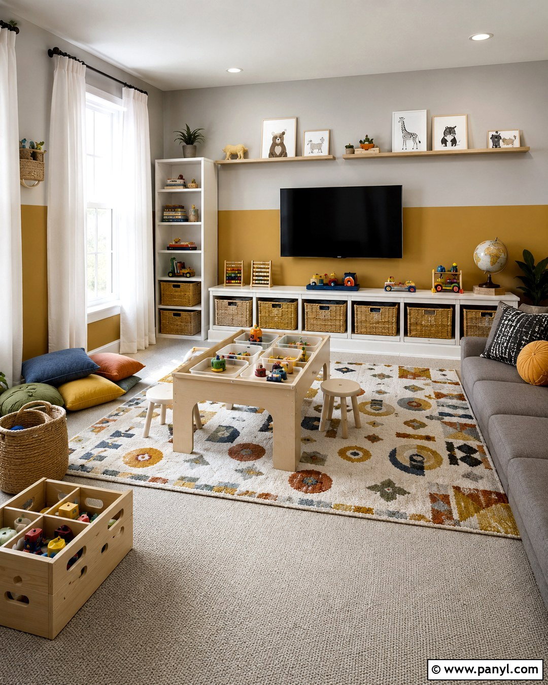Mustard And Soft Gray Playroom - 20 Rooms With Two Color Walls
