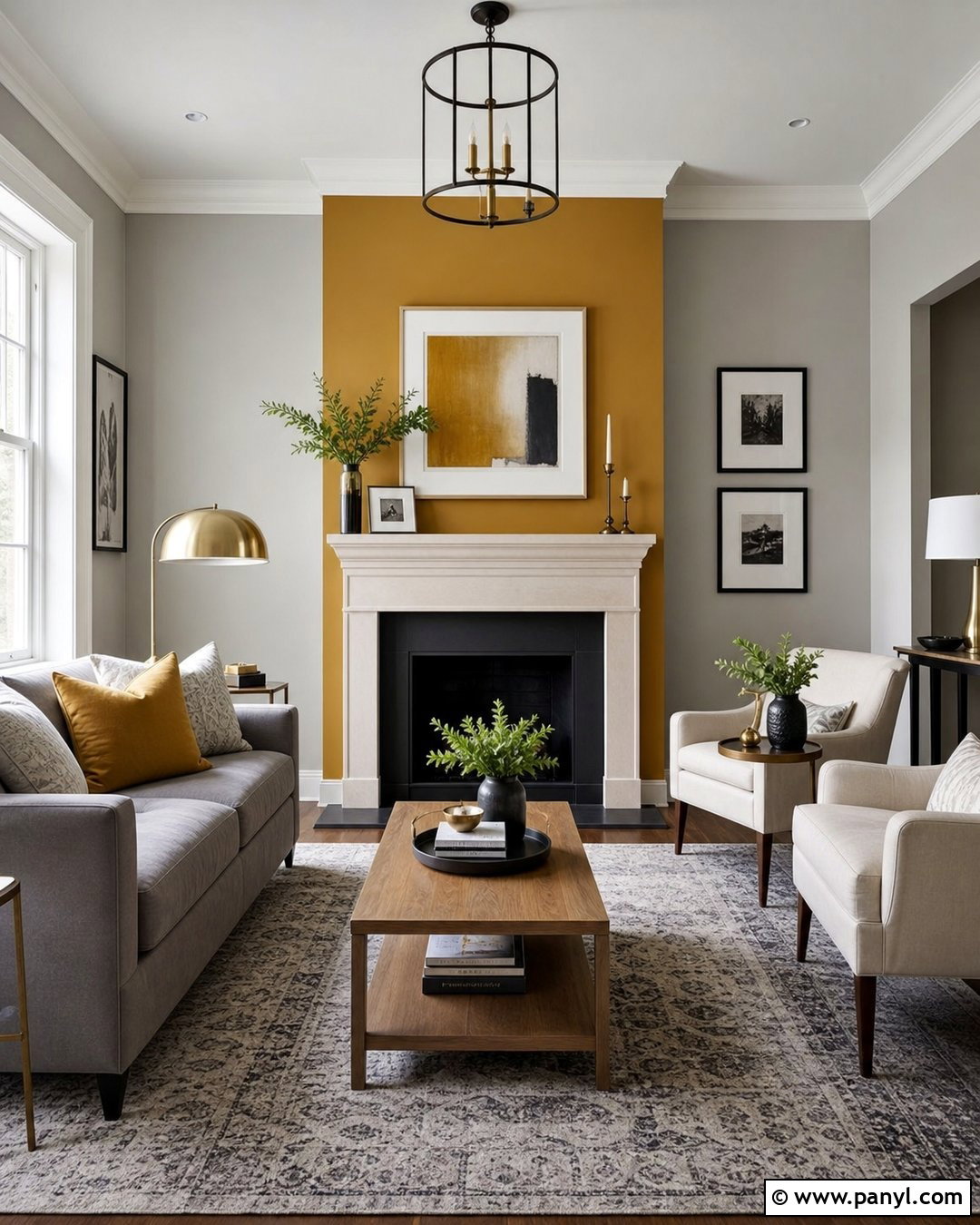 Mustard Fireplace Wall With Grey Surrounding Walls - 20 Mustard And Grey Walls