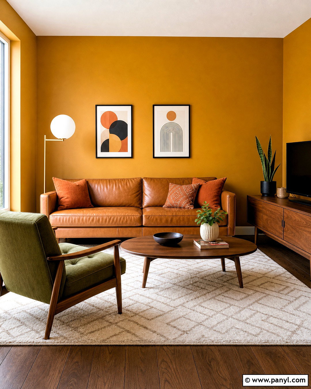 Mustard Gold Wall Paint With Midcentury Furniture - 20 gold wall paint living room ideas