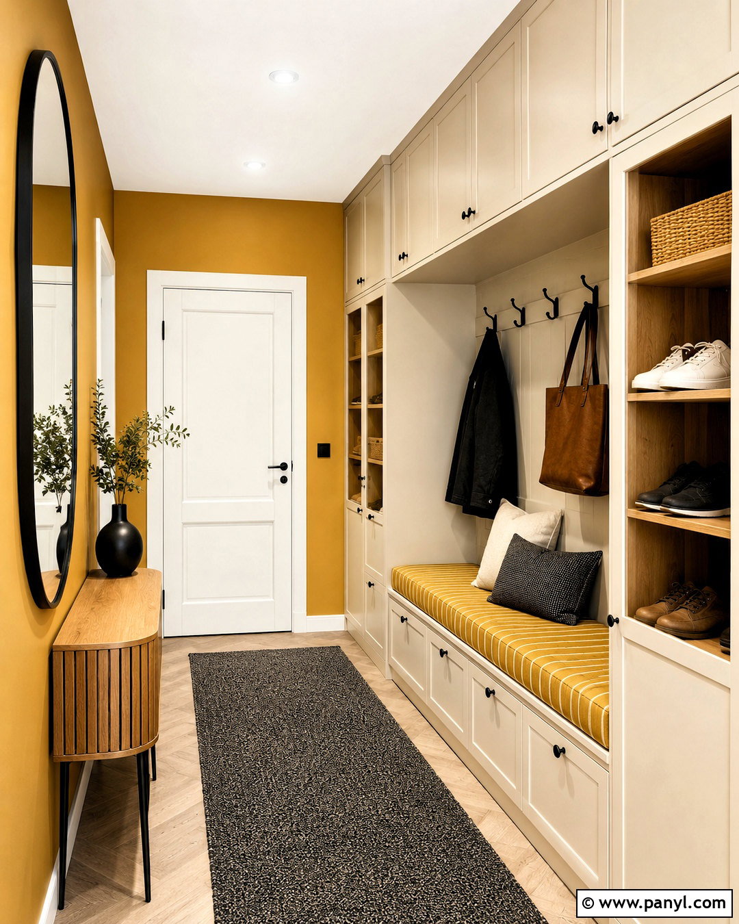 Mustard Hallway With Built-In Storage - 20 mustard hallway ideas